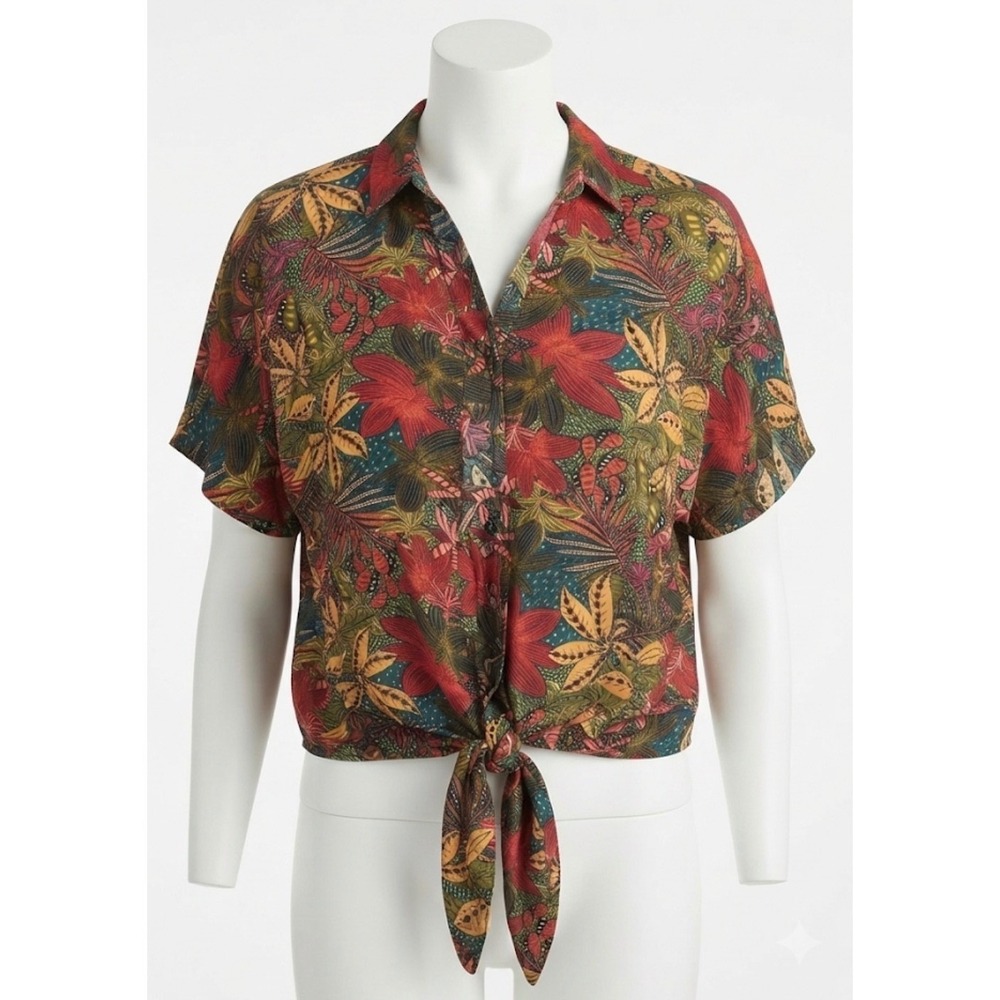 Evereve Tropical Tie Front Blouse Top Small Resortwear Vacation Maximalist Boho